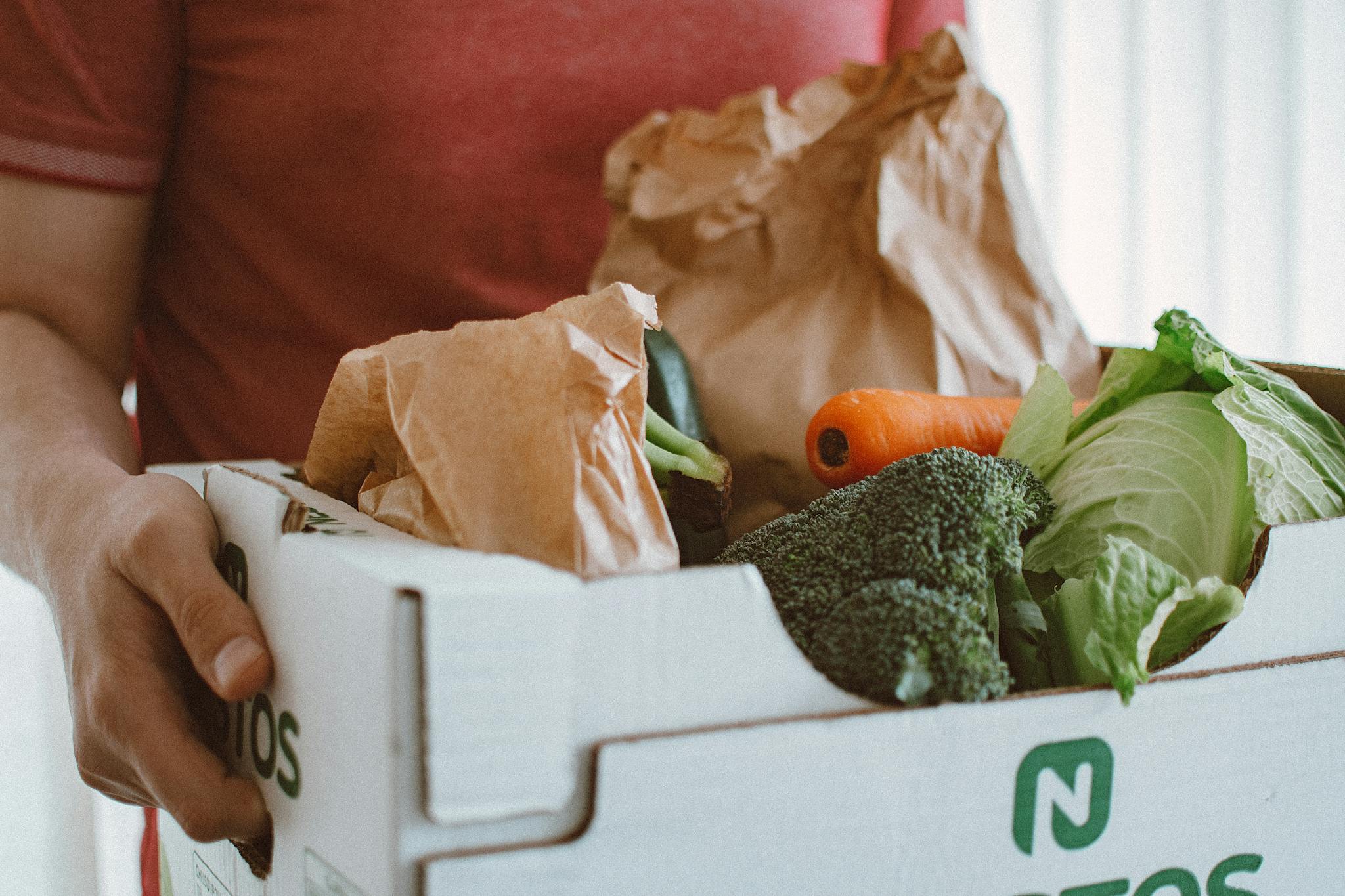 Person holding a box filled with fresh vegetables, ideal for health and produce concepts.